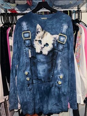 The Mountain Blue Tie-Dye Long-Sleeve Tee with Kitten Pocket Print